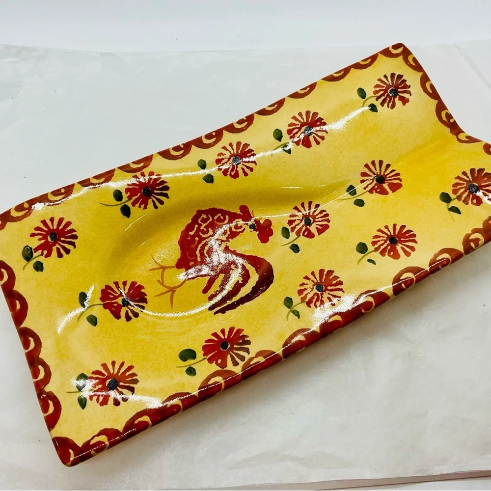 VTG Williams Sonoma 10” L x 5” W Spoon Rest Hand Painted Rooster & Flowers Italy